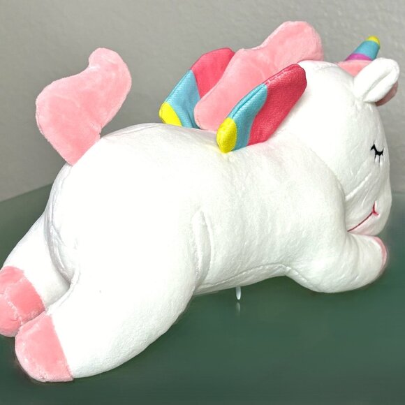 Squishy White Rainbow Horn Winged Unicorn Embroidered Face Baby Kid's Plush Toy - Picture 7 of 8